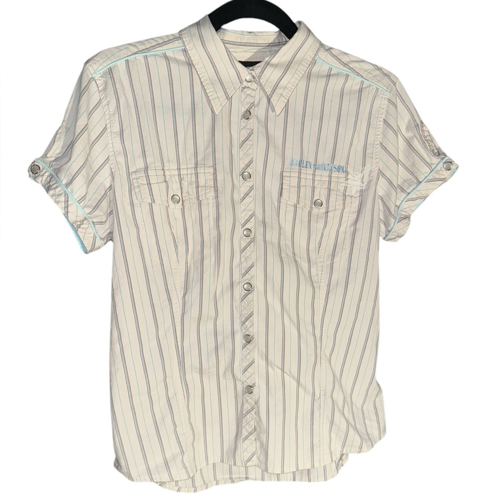 VTG Y2K 2006 Harley Davidson white and blue striped pearl snap shirt